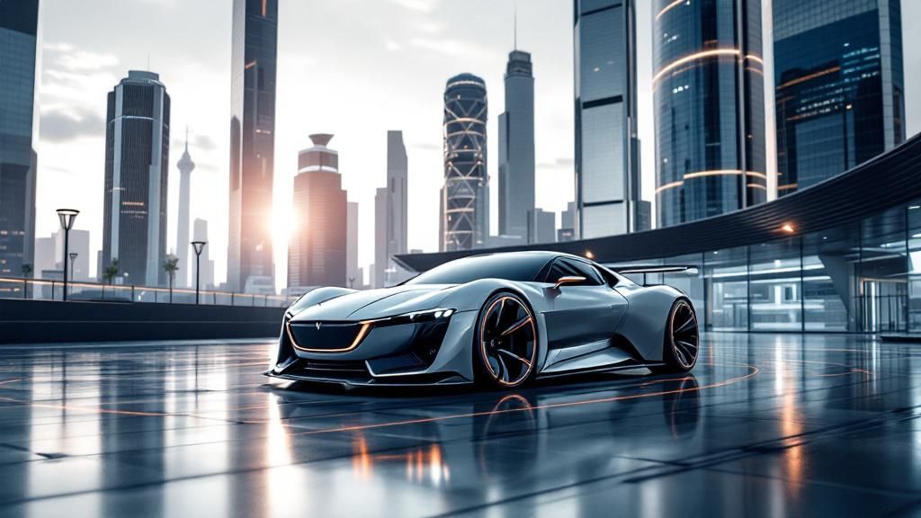 An innovative European car with cutting-edge features parked in a futuristic cityscape An innovative European car with cutting-edge features parked in a futuristic cityscape