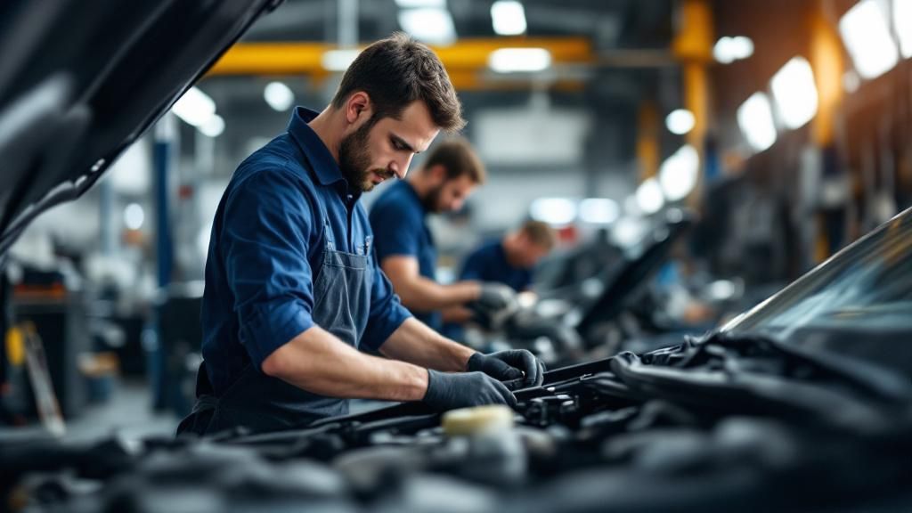 Mechanics in a workshop working on a European car, emphasizing their expertise and trustworthiness. Mechanics in a workshop working on a European car, emphasizing their expertise and trustworthiness.