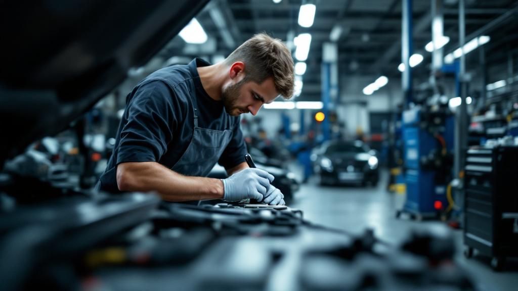 Mechanics working in a state-of-the-art European car service center Mechanics working in a state-of-the-art European car service center