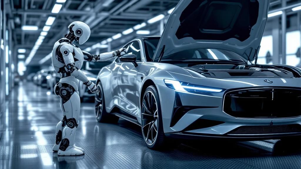 Futuristic European cars being serviced by robots Futuristic European cars being serviced by robots