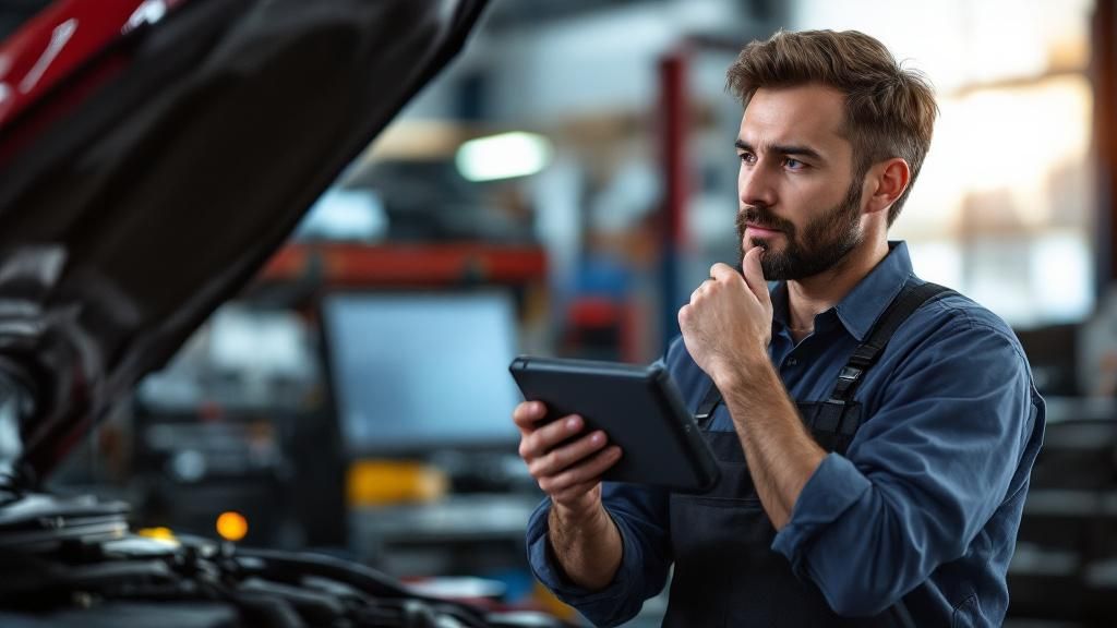 A thoughtful mechanic weighing options with ECU tuning tools in the background A thoughtful mechanic weighing options with ECU tuning tools in the background