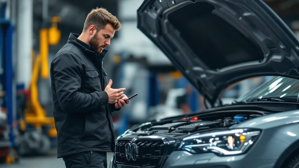 A frustrated car owner standing next to a European car with the hood open, while a mechanic explains a solution A frustrated car owner standing next to a European car with the hood open, while a mechanic explains a solution