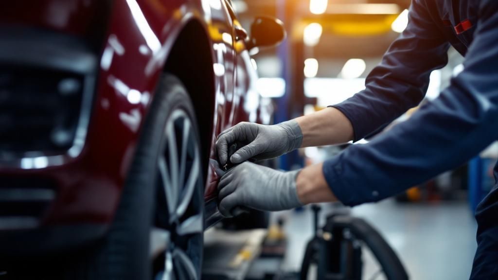 Mechanic performing a routine check-up on a luxury European vehicle Mechanic performing a routine check-up on a luxury European vehicle