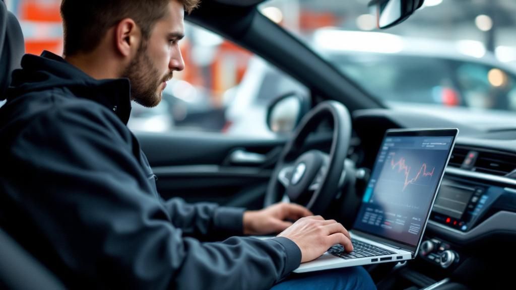 An engineer analyzing ECU data on a laptop while sitting in a European car An engineer analyzing ECU data on a laptop while sitting in a European car