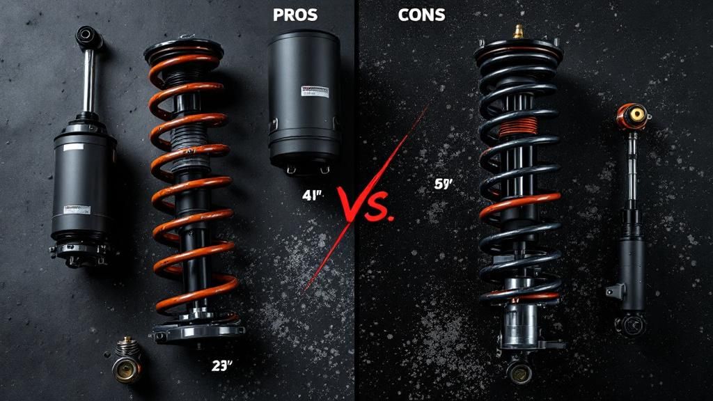 A side-by-side comparison of different suspension types, such as coilovers and air suspension, with pros and cons listed. A side-by-side comparison of different suspension types, such as coilovers and air suspension, with pros and cons listed.