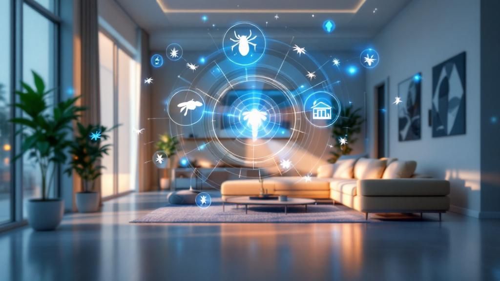 A futuristic concept of a smart home with integrated pest detection technology.