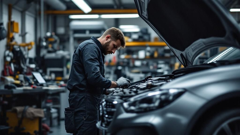 A mechanic working on a European car in a modern garage, surrounded by high-tech tools and equipment A mechanic working on a European car in a modern garage, surrounded by high-tech tools and equipment