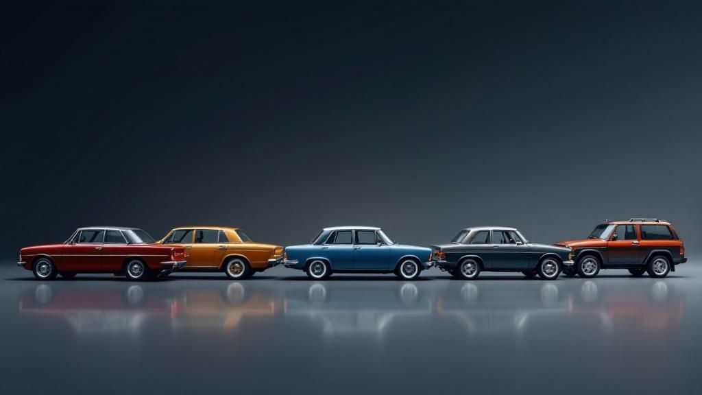 A timeline showing the evolution of European car designs from classic to modern A timeline showing the evolution of European car designs from classic to modern